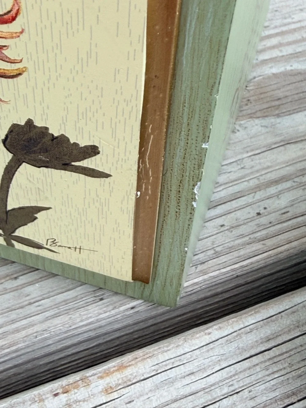 Signed Hand Painted Floral Tissue Box‎ Cover & Trinket Box Set Sage Green Gold